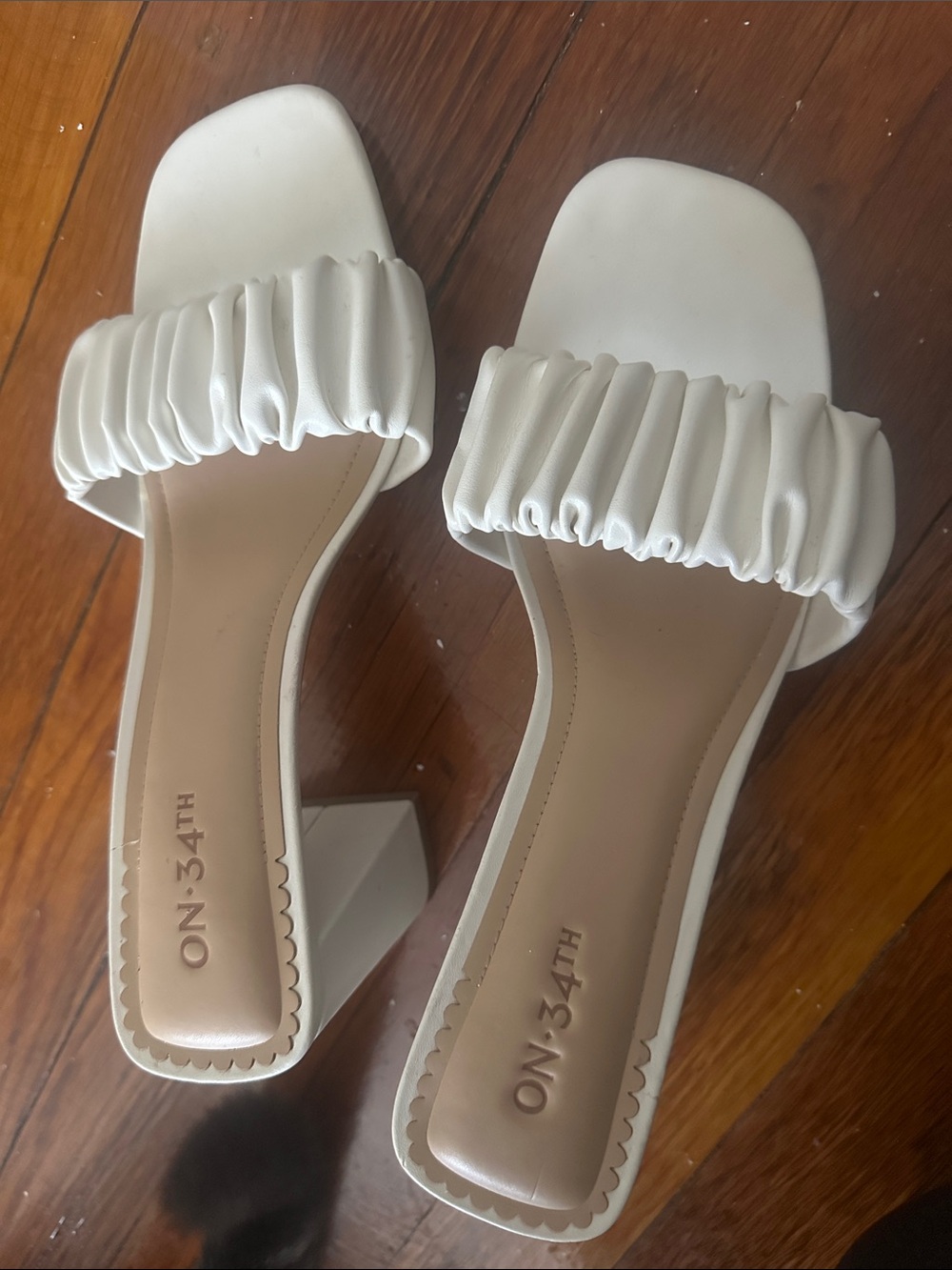 ON 34TH White Ruched Strap Block Heel Mules